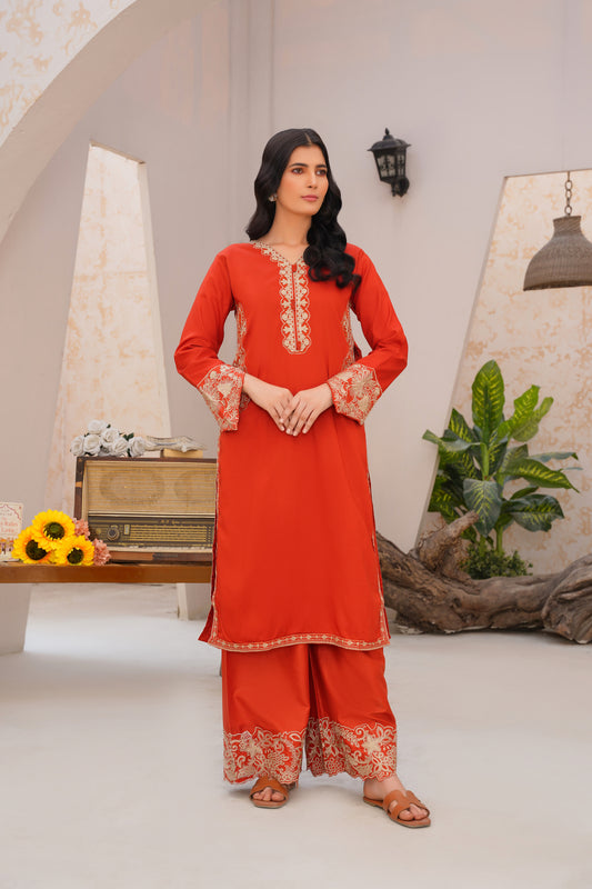 orange scallope solid co-oord | embroidered set