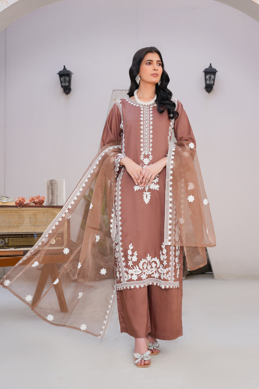 muted brown 3pc - Embroidered Luxe PRET