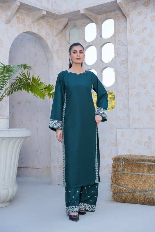 Solid Co-ord green ajrak embroidered suit
