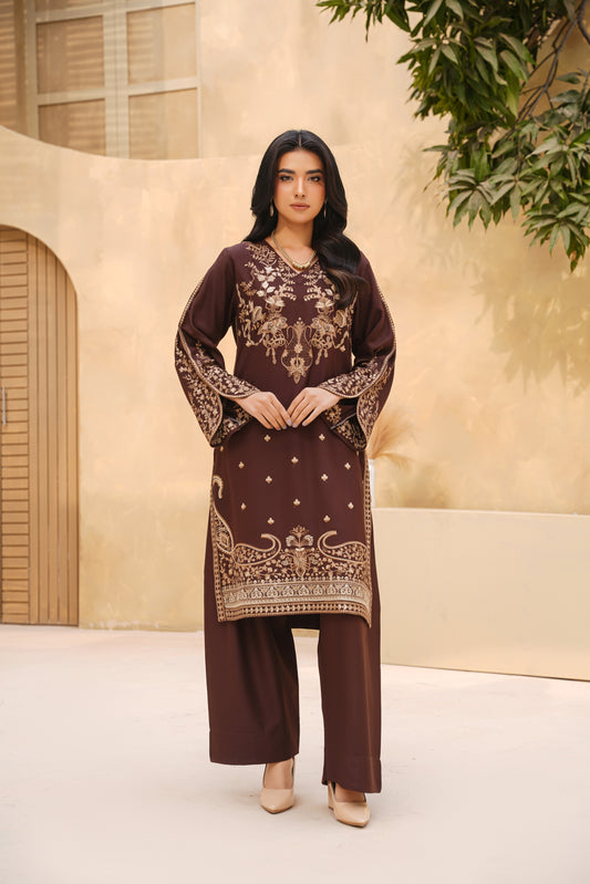 Mocha Royale – Embroidered Dhanak 2PC Suit