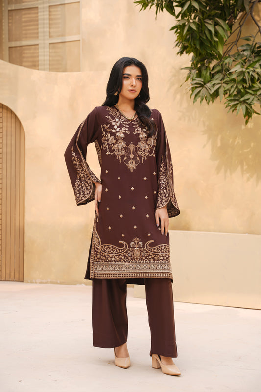 Mocha Royale – Embroidered Dhanak 2PC Suit