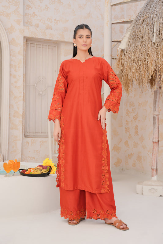 orange co-oord | embroidered chikankari set