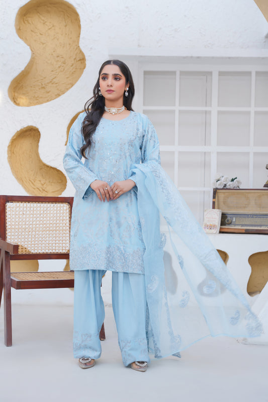 POWDER BLUE 3pc - Embroidered Luxe PRET