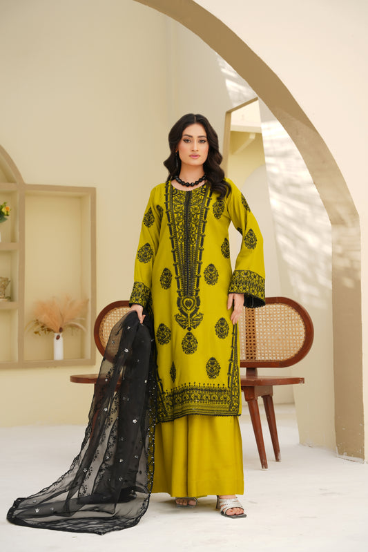 Olive Majesty – Black Embroidered Viscose 3Pc Suit