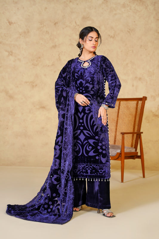 3pc Royal Amethyst Premium Designing Velvet Suit