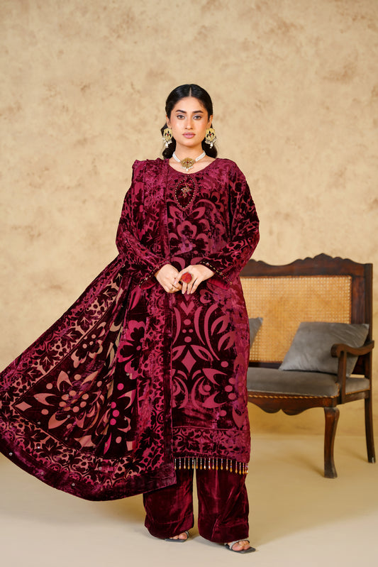 3pc Regal Wine Velvet Suit – Timeless Festive Charm