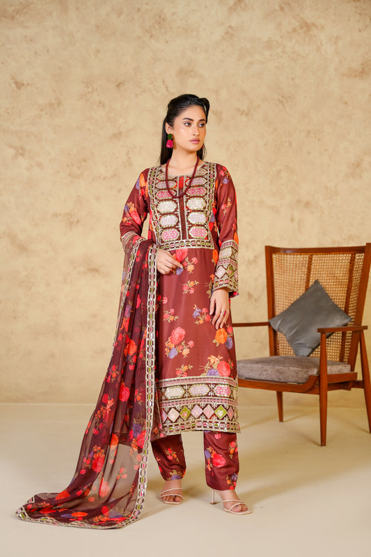 Crimson Charm – Embroidered viscose Digital Print 3Pc Suit