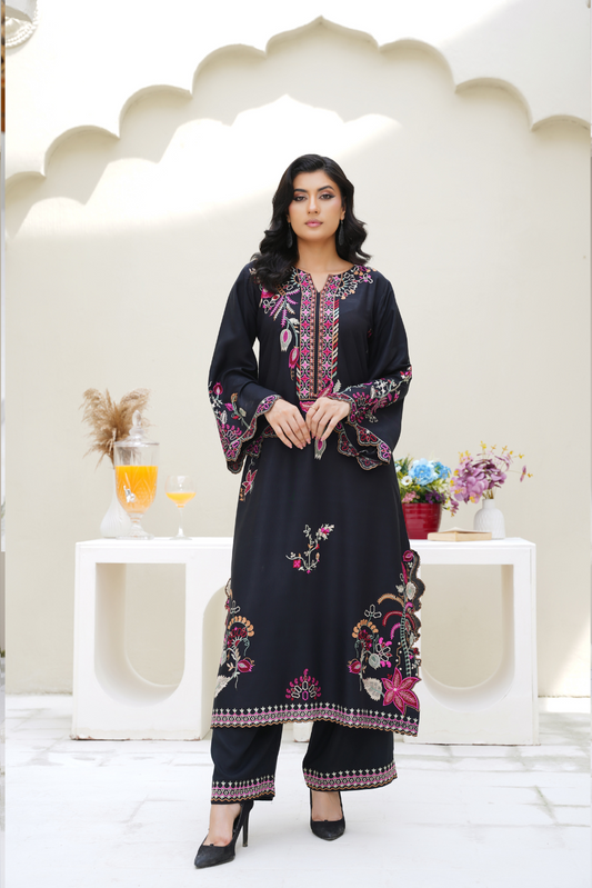Elena – Black & Pink Embroidered Viscose 3Pc Suit