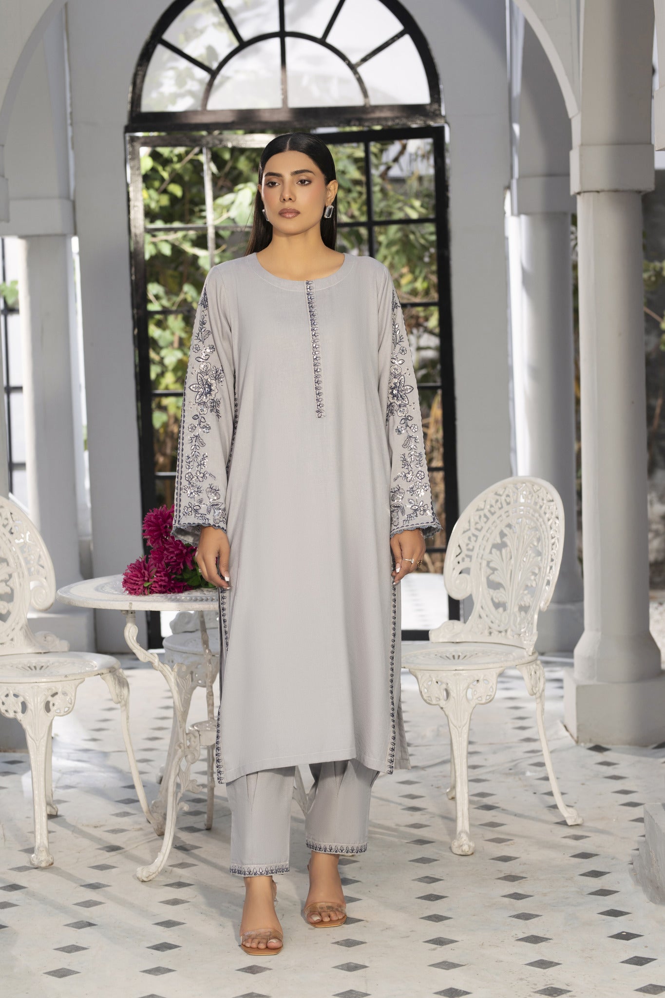 Solid Co-ord grey | embroidered Co-ord suit