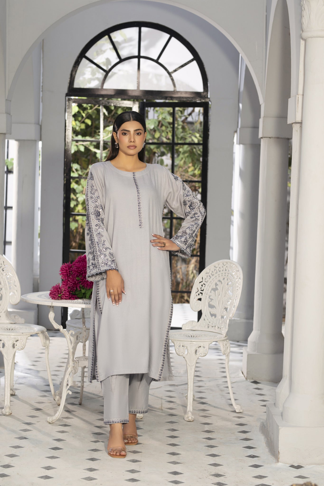 Solid Co-ord grey | embroidered Co-ord suit