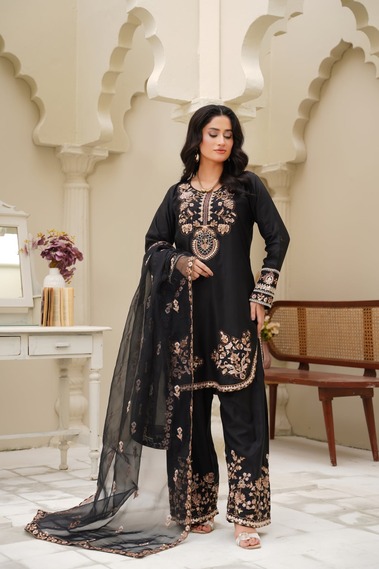 Noir Royale – Black Gold Embroidered 3Pc Suit