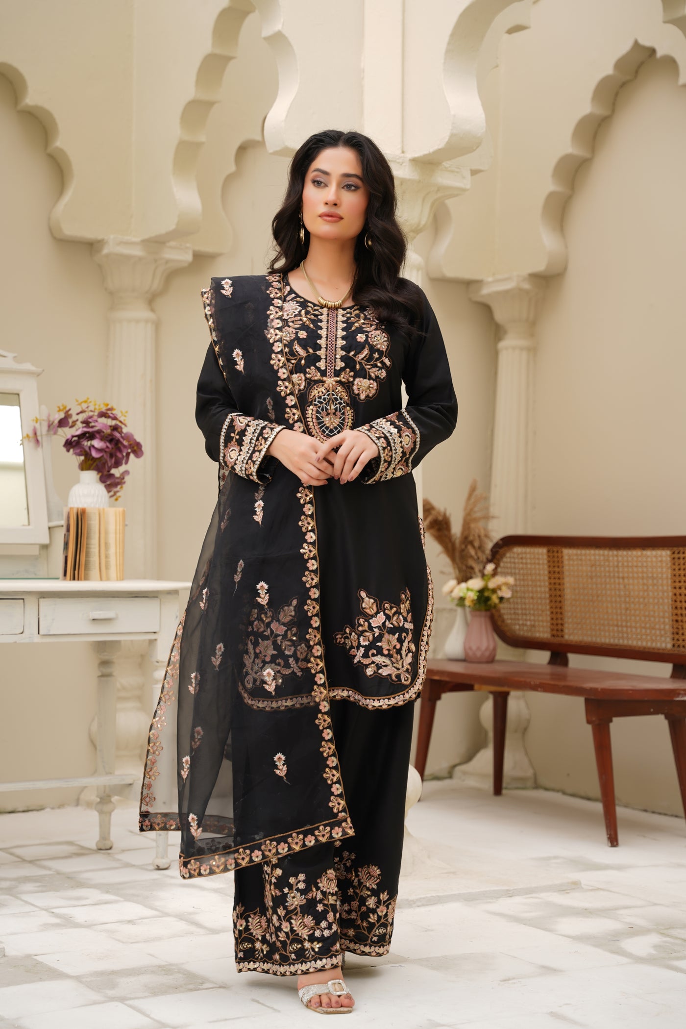 Noir Royale – Black Gold Embroidered 3Pc Suit
