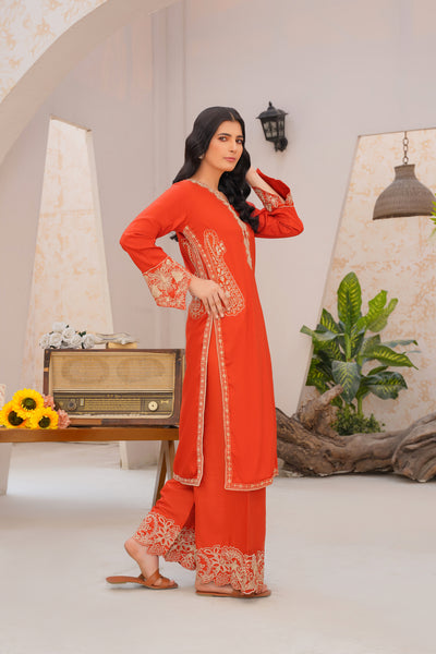 orange scallope  solid co-oord | embroidered set