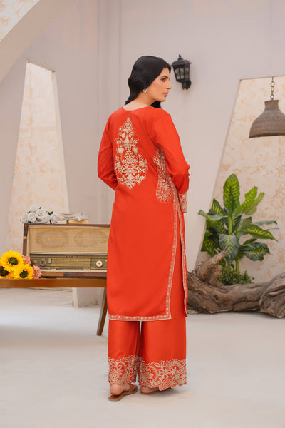 orange scallope  solid co-oord | embroidered set