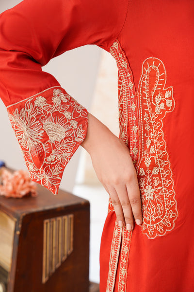 orange scallope  solid co-oord | embroidered set