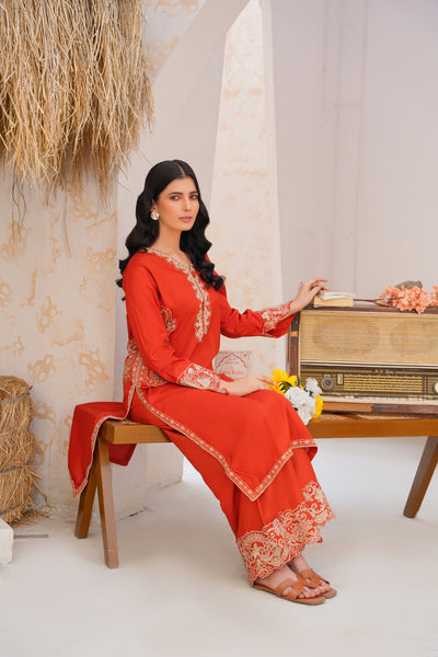 orange scallope  solid co-oord | embroidered set