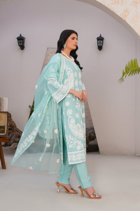 Aqua green  3pc - Embroidered Luxe PRET