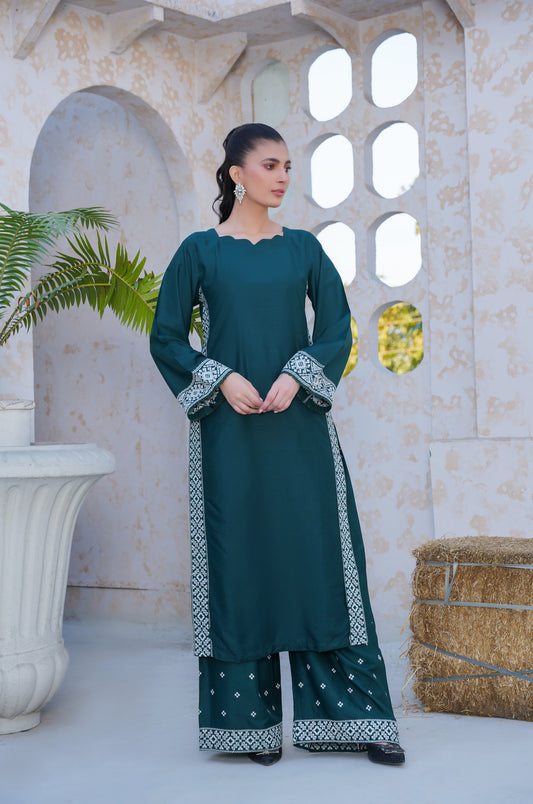 Solid Co-ord green ajrak  embroidered  suit
