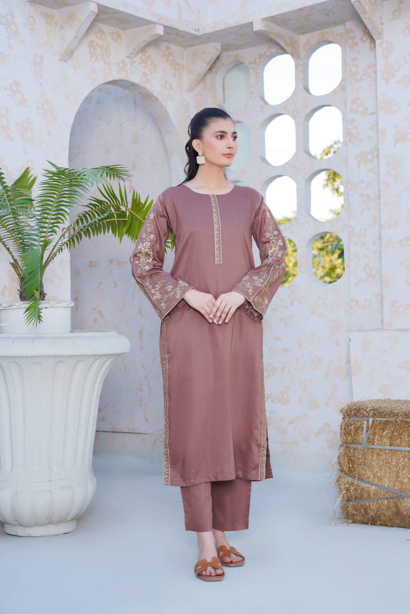 Nude brown  Co-ord  embroidered set
