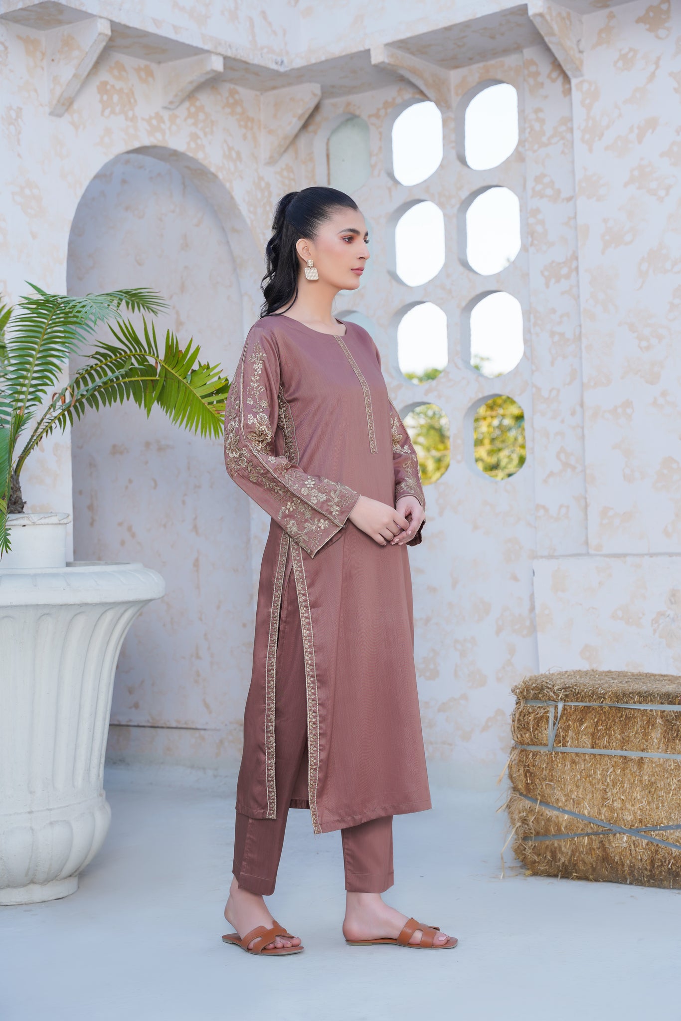 Nude brown  Co-ord  embroidered set