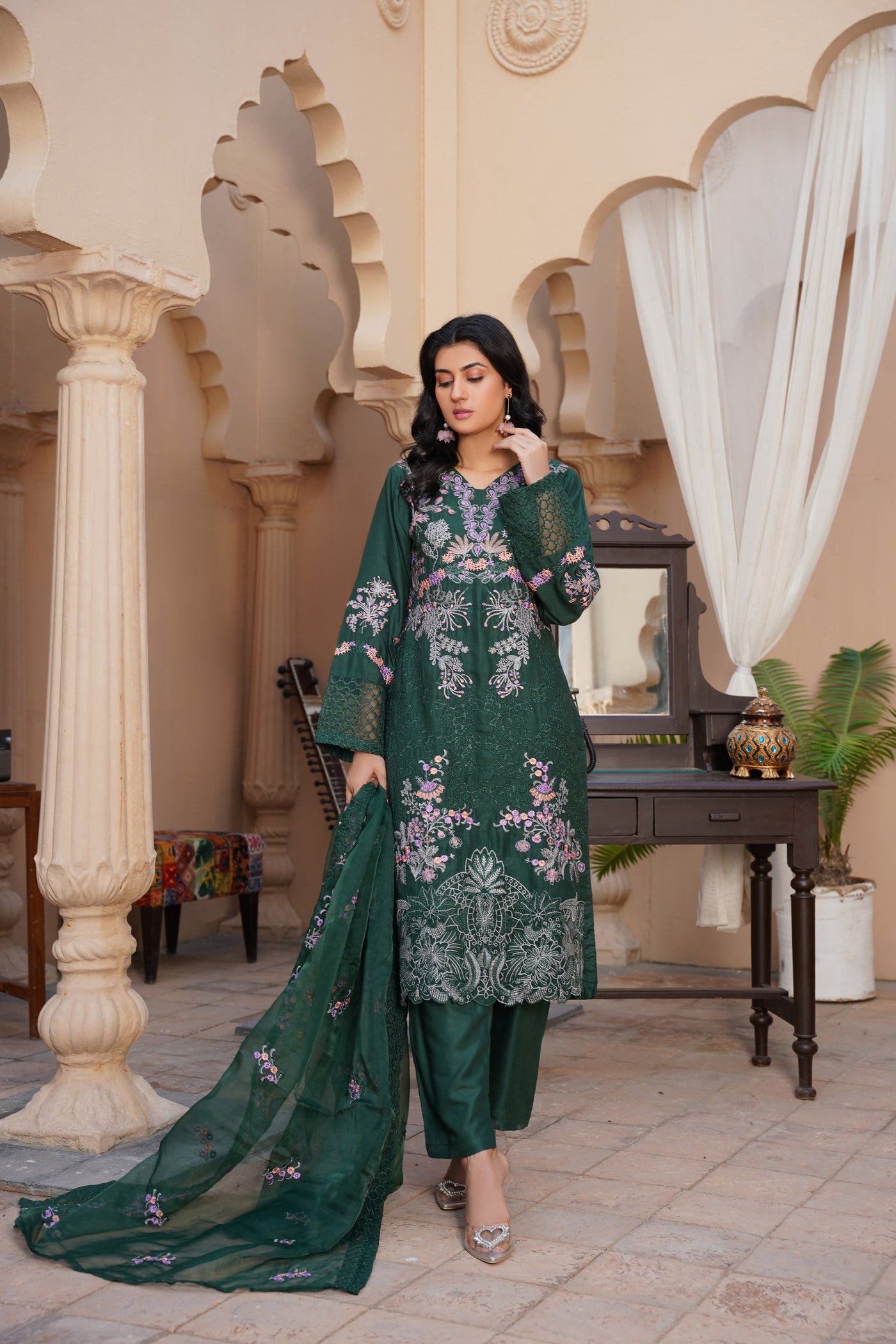 Green Brick 3Pc - Embroidered Linen  Dress