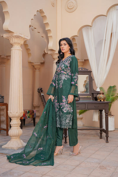 Green Brick 3Pc - Embroidered Linen  Dress