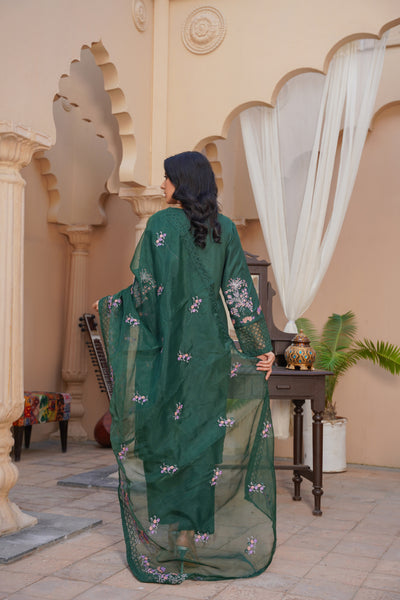 Green Brick 3Pc - Embroidered Linen  Dress