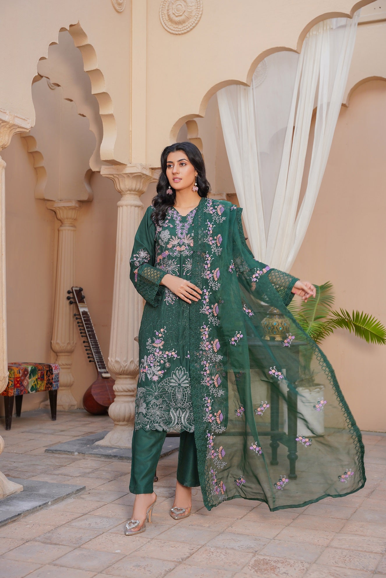 Green Brick 3Pc - Embroidered Linen  Dress