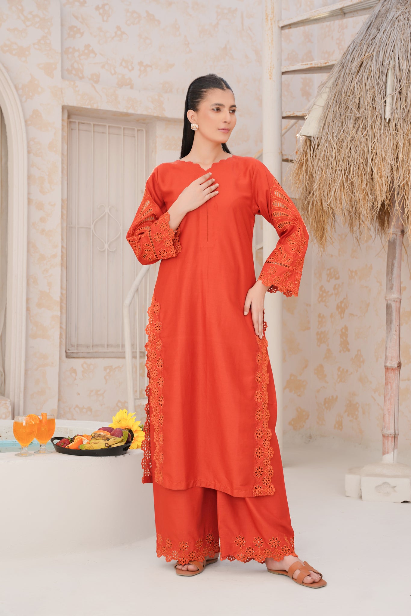 orange   co-oord | embroidered chikankari  set
