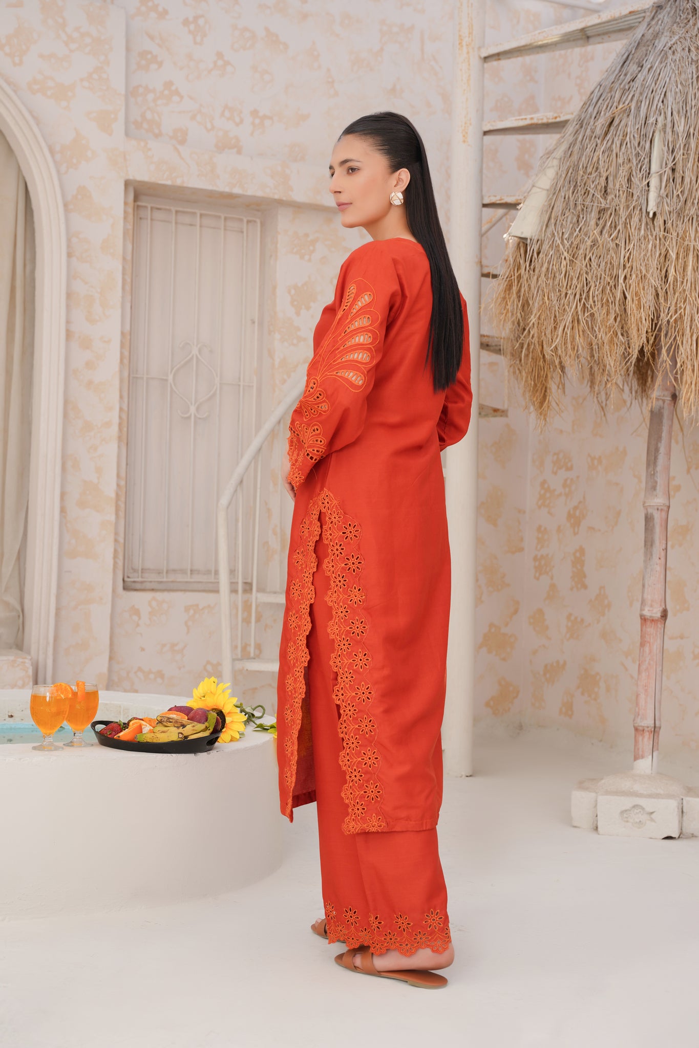 orange   co-oord | embroidered chikankari  set