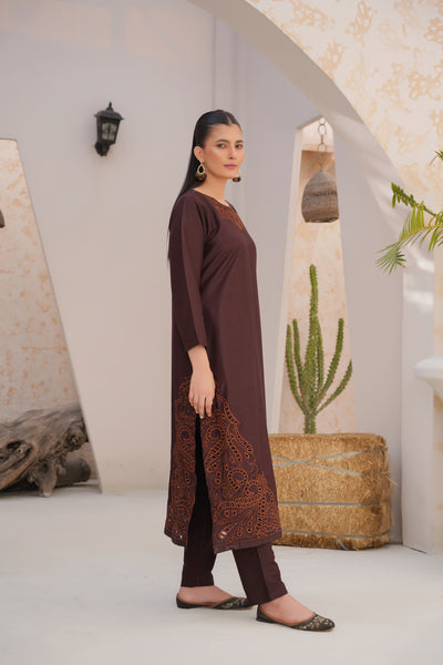 MOcha Brown  2Pc - embroidered pret suit