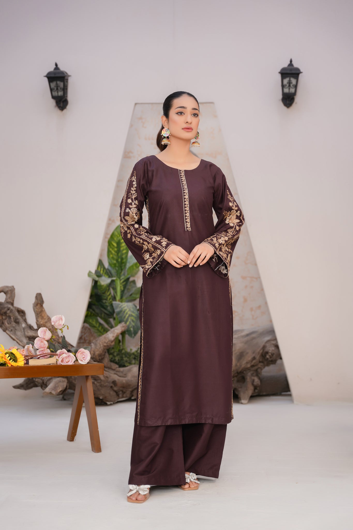 Solid chocolate brown  | embroidered Co-ord suit