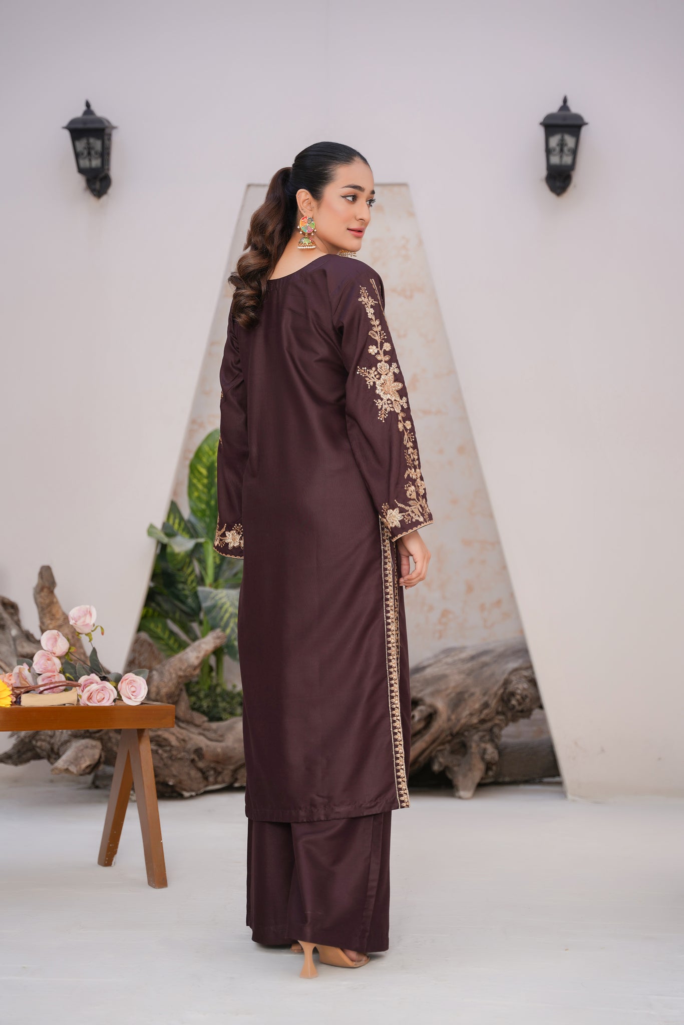 Solid chocolate brown  | embroidered Co-ord suit