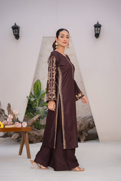 Solid chocolate brown  | embroidered Co-ord suit