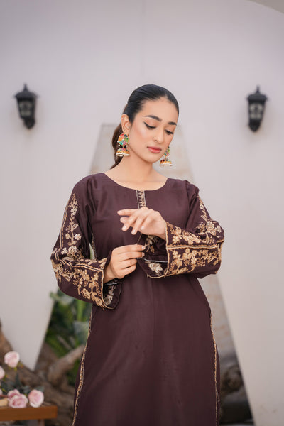 Solid chocolate brown  | embroidered Co-ord suit
