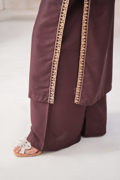 Solid chocolate brown  | embroidered Co-ord suit