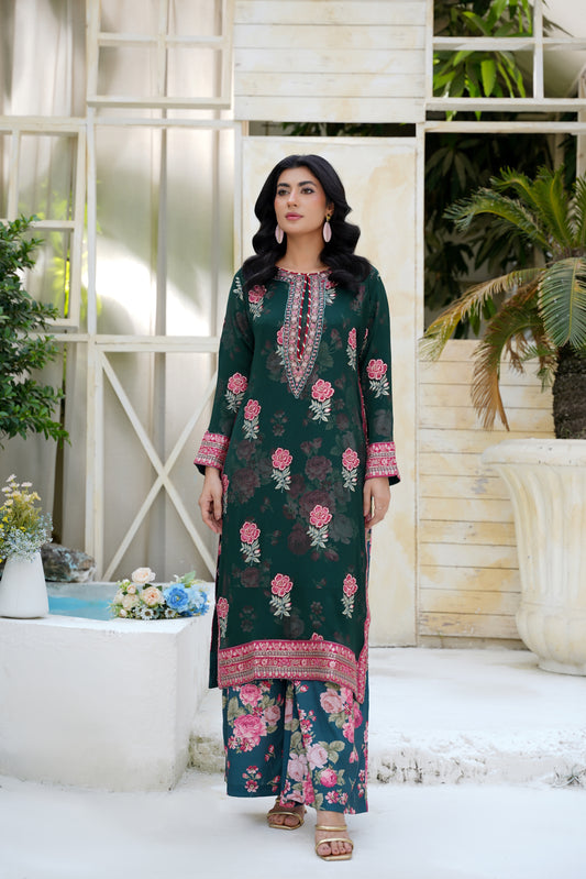 Zarina – Deep Emerald Floral 2Pc Chiffon Suit