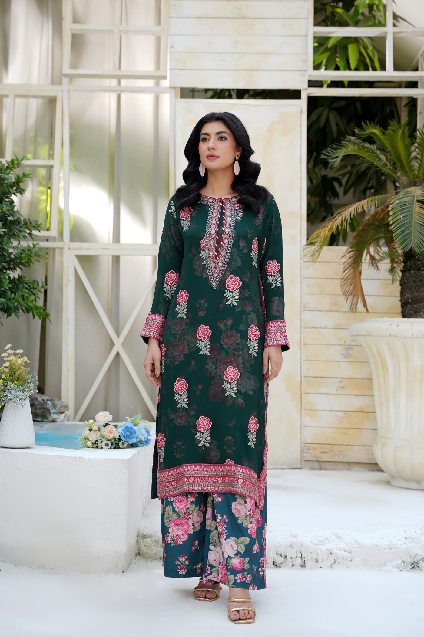 Zarina – Deep Emerald Floral 2Pc Chiffon Suit