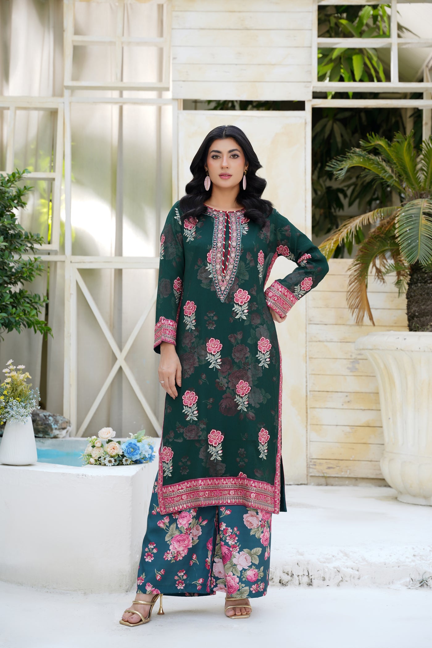 Zarina – Deep Emerald Floral 2Pc Chiffon Suit