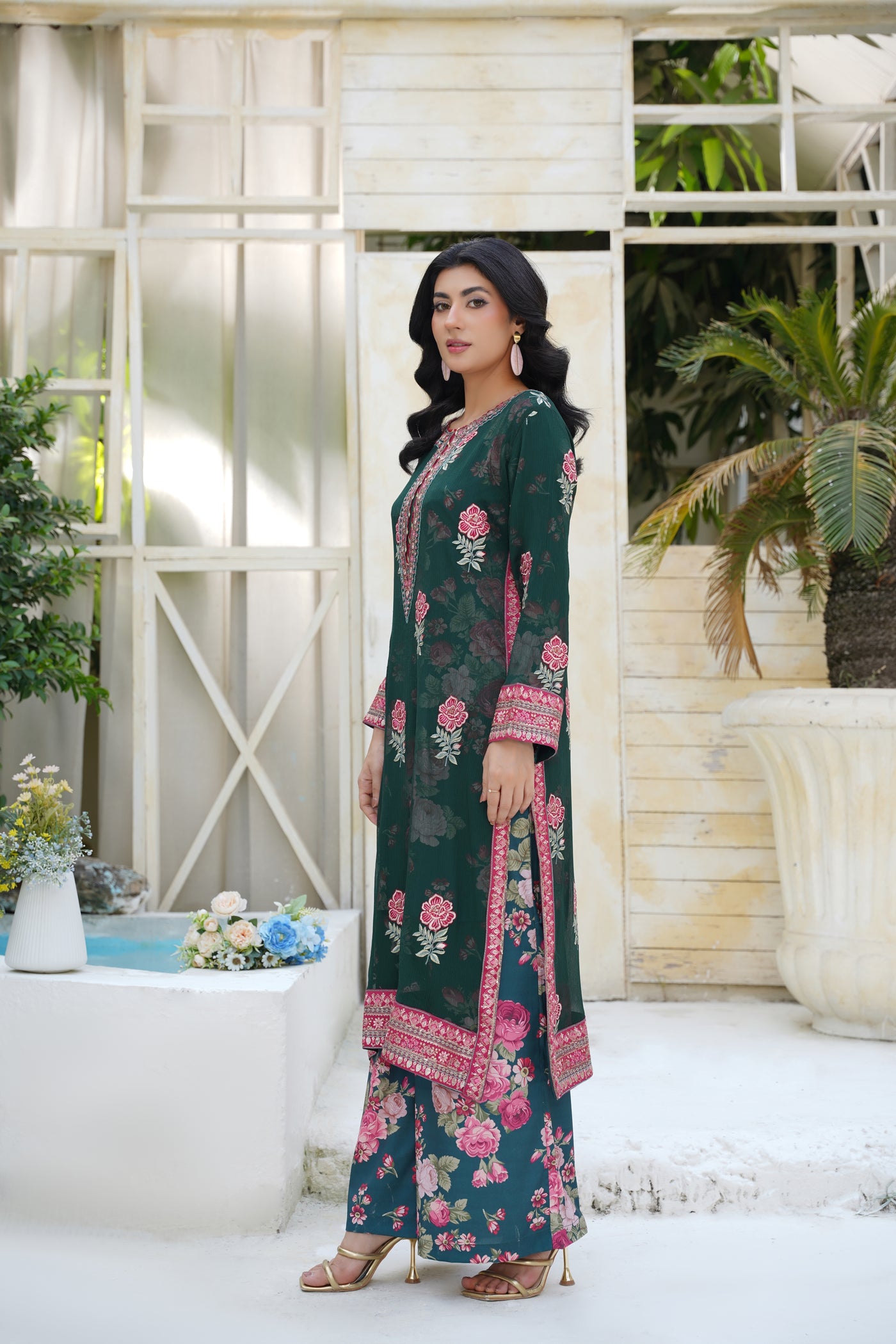 Zarina – Deep Emerald Floral 2Pc Chiffon Suit