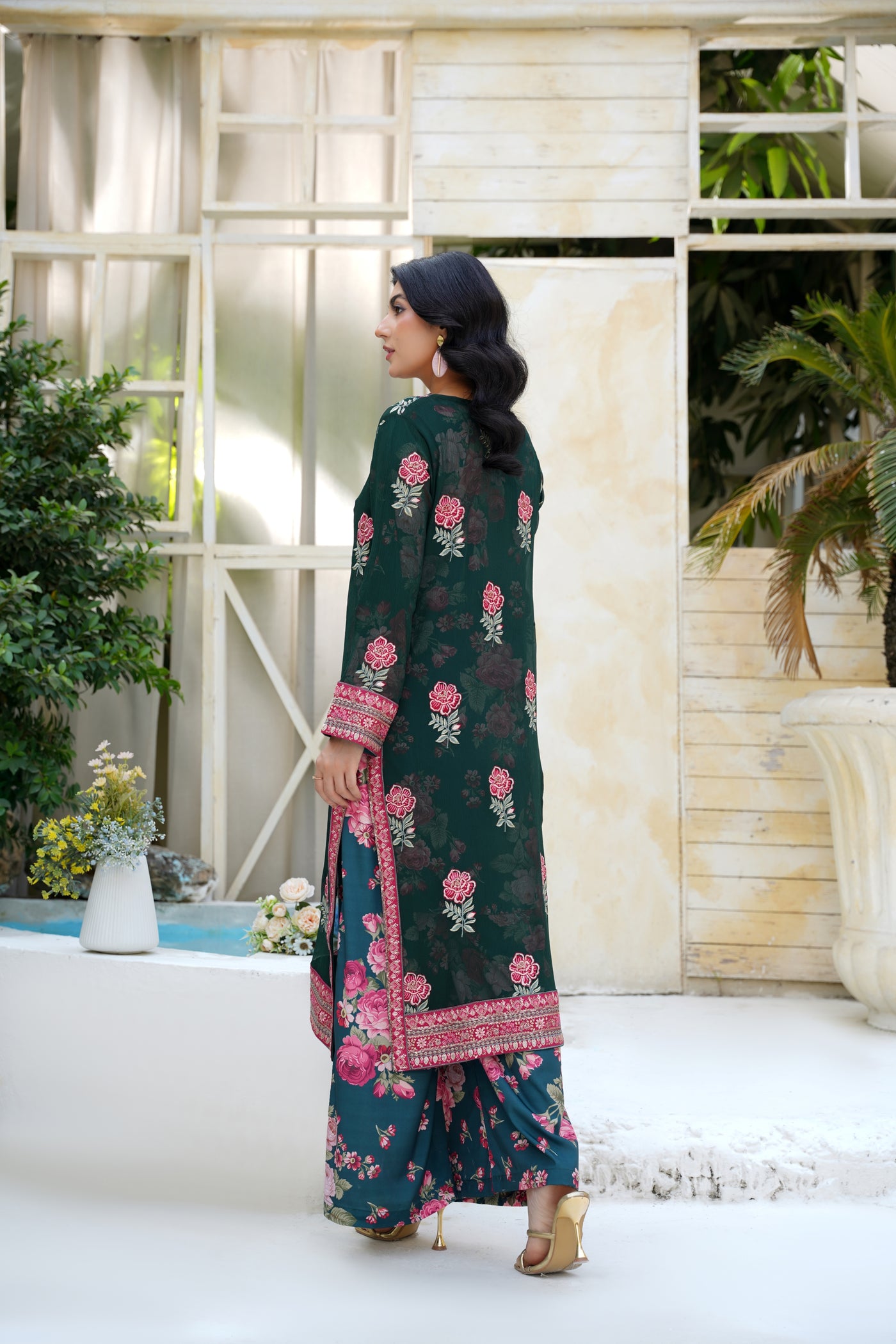 Zarina – Deep Emerald Floral 2Pc Chiffon Suit