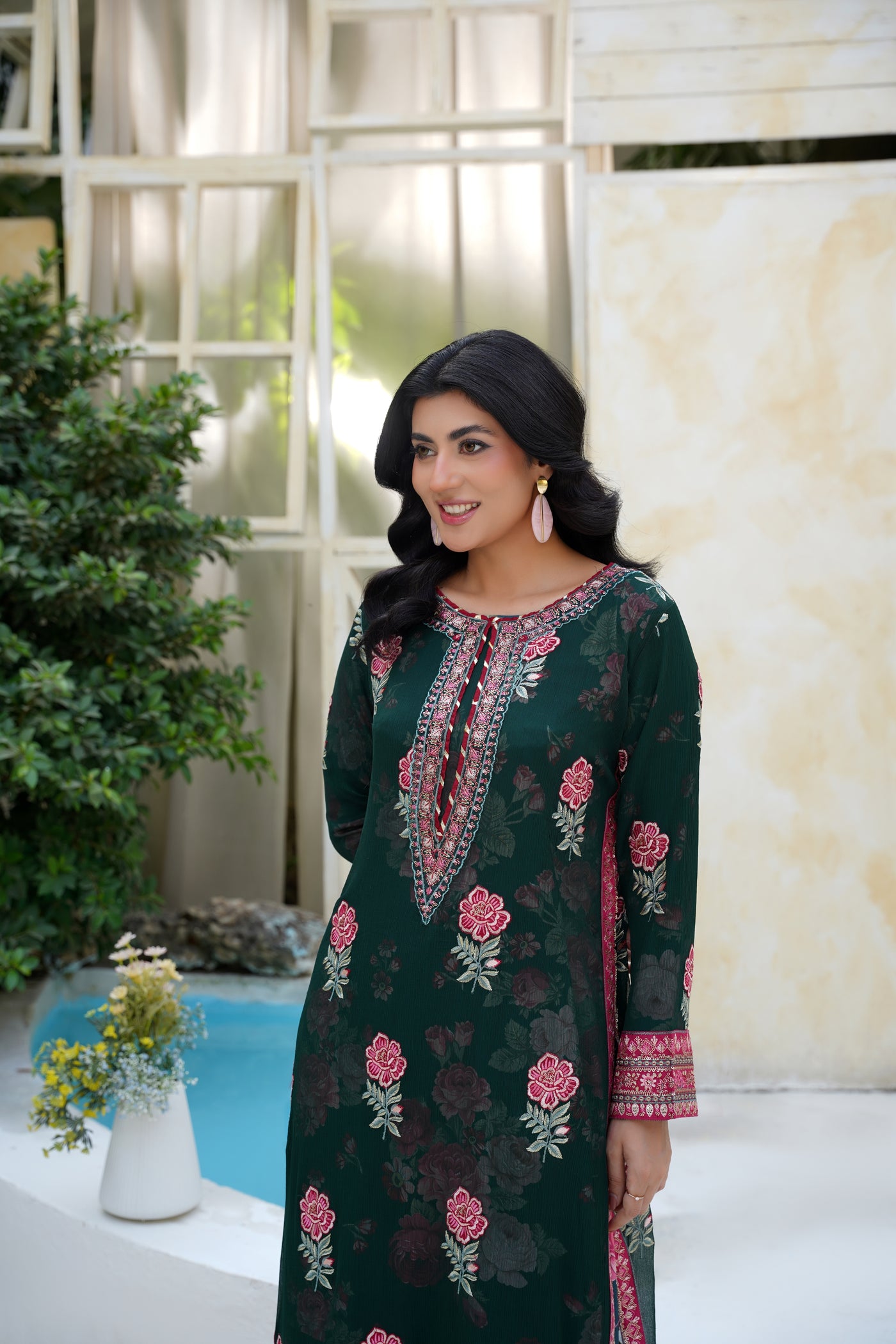 Zarina – Deep Emerald Floral 2Pc Chiffon Suit