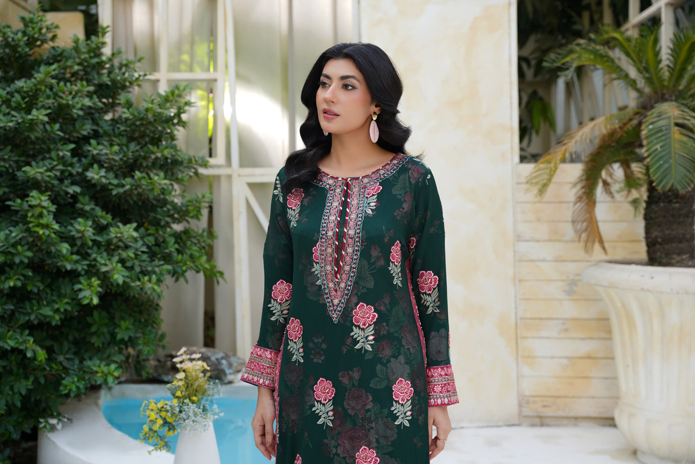 Zarina – Deep Emerald Floral 2Pc Chiffon Suit