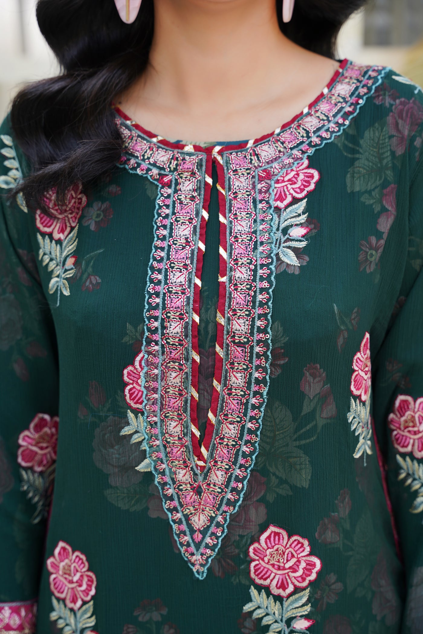Zarina – Deep Emerald Floral 2Pc Chiffon Suit