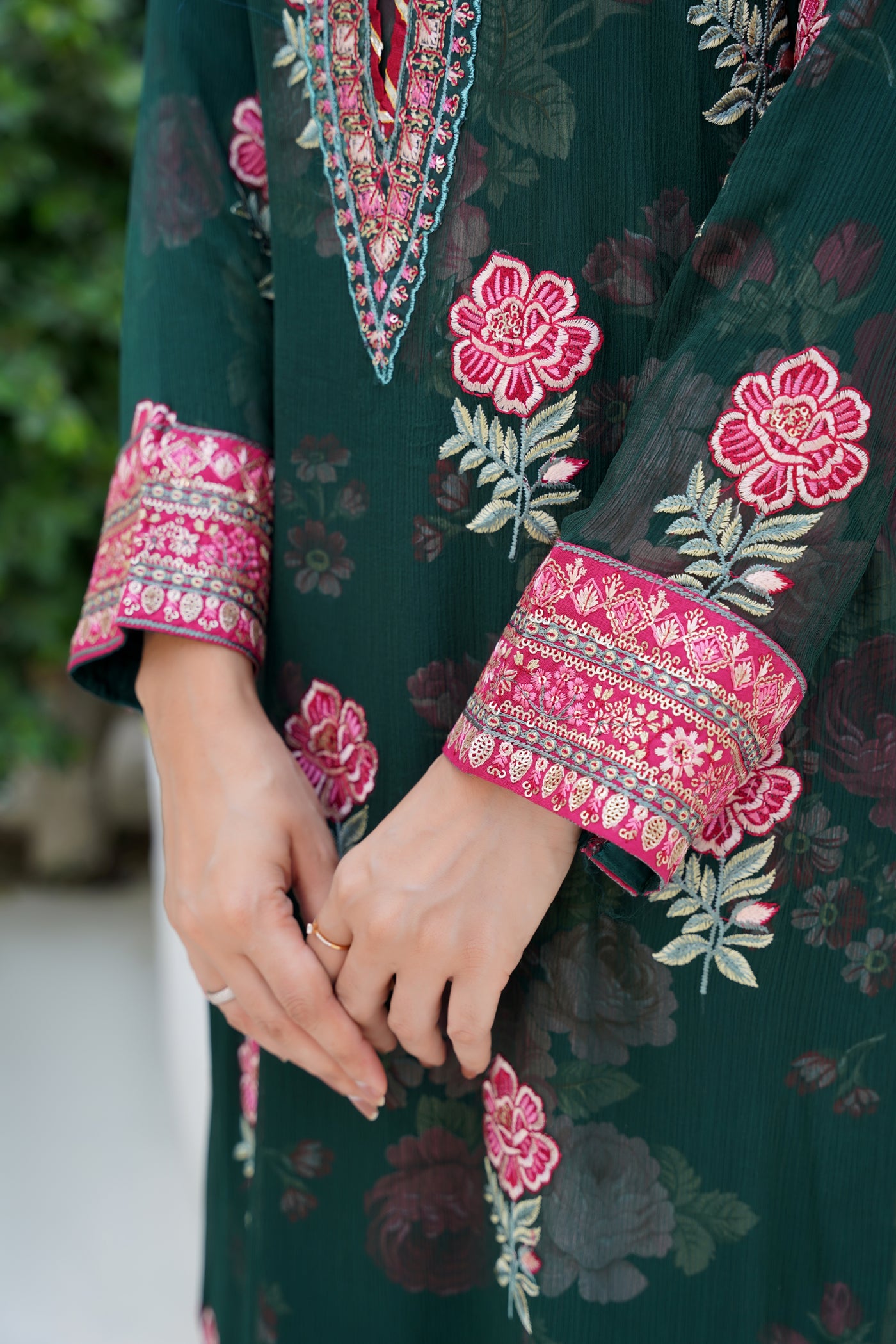 Zarina – Deep Emerald Floral 2Pc Chiffon Suit