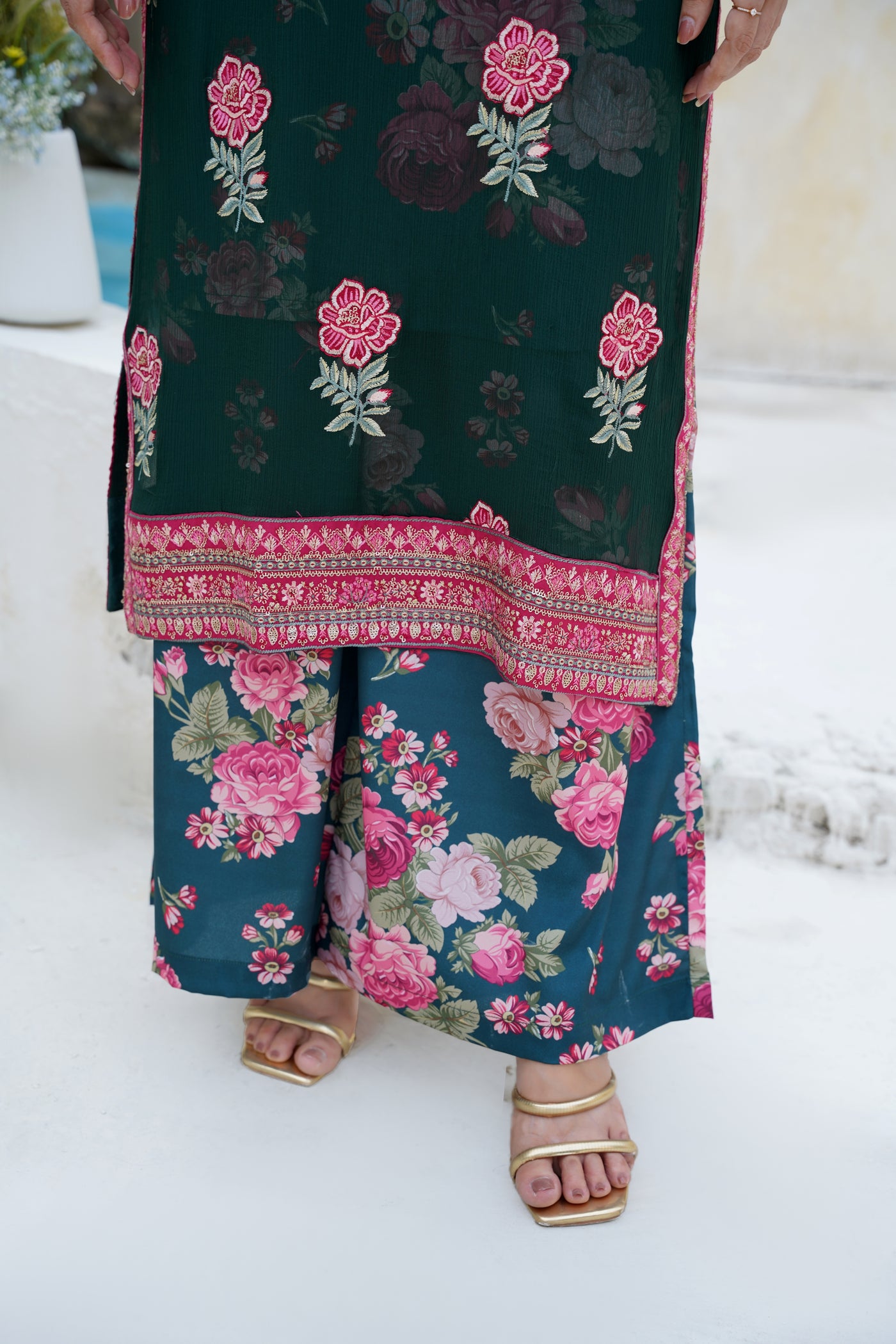 Zarina – Deep Emerald Floral 2Pc Chiffon Suit