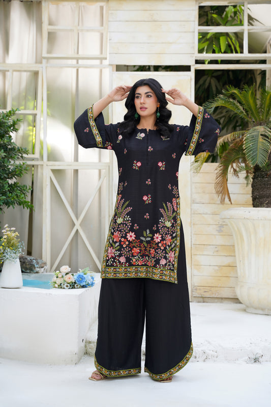 Midnight Blossom – Black Embroidered 2Pc Suit