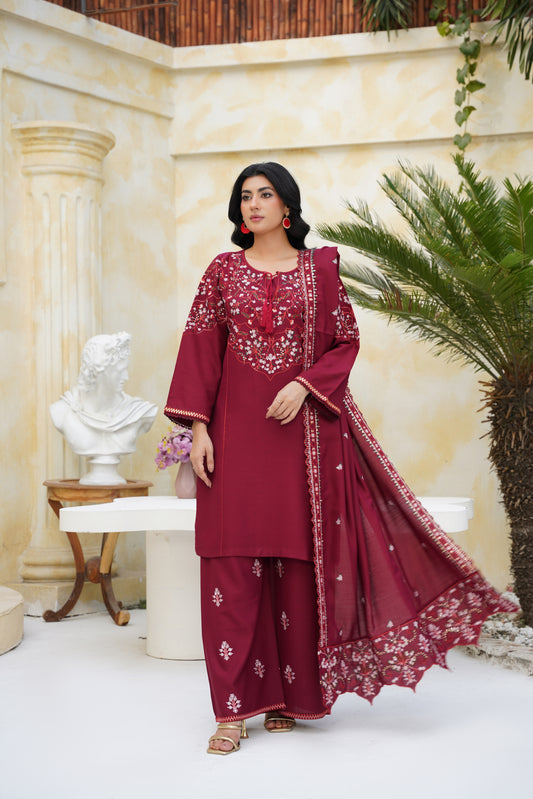 rimson Elegance – Maroon Embroidered 3Pc Suit