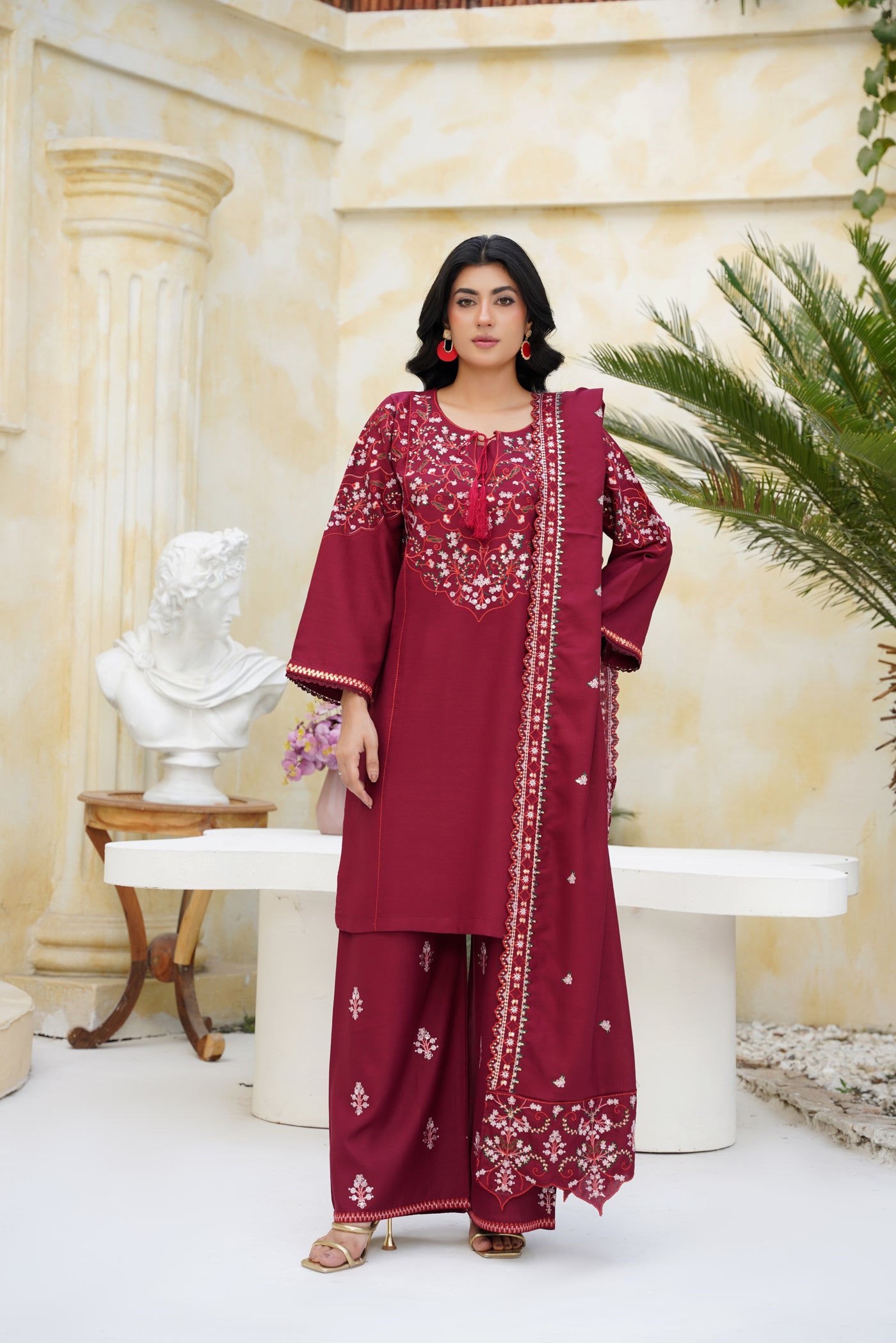 rimson Elegance – Maroon Embroidered 3Pc Suit