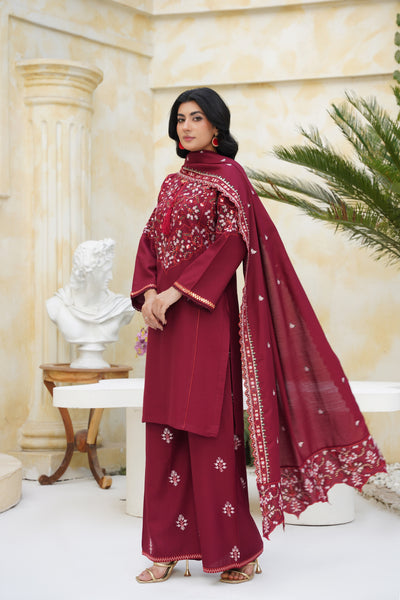 rimson Elegance – Maroon Embroidered 3Pc Suit